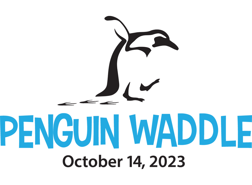 illustrated penguin with one flipper up and footprints behind it. Underneath the illustration it says penguin waddle in blue and October 14 2023 in balck