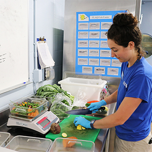 female biologist prepping food for animals