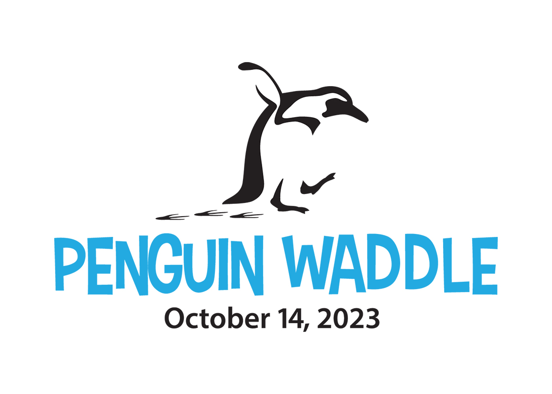 illustrated penguin with one flipper up and footprints behind it. Underneath the illustration it says penguin waddle in blue and October 14 2023 in balck