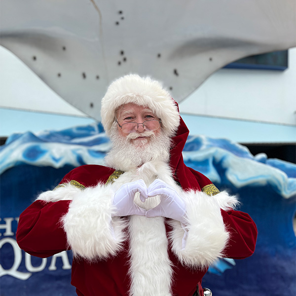 santa holding his hands in the shape of a heart outside the florida aquarium
