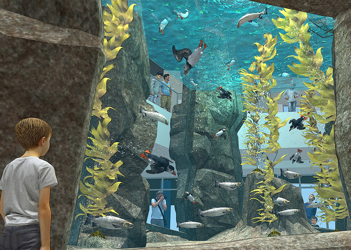 rendering of teenage boy looking at two story puffing habitat