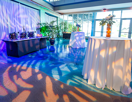 lobby with pipe and drape, hightop table with white cloth and centerpeice