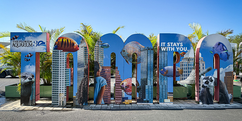 Downtown Tampa Sign with The Florida Aquarium Signage.