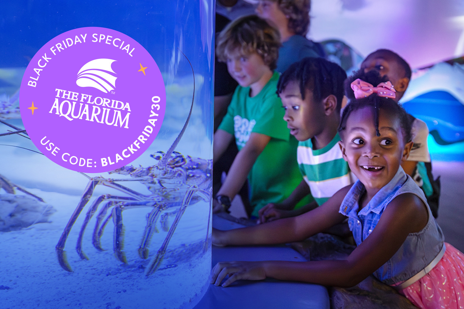 The Florida Aquarium Black Friday Special 2025 Use Code BlackFriday30 Kids looking at Spiny Lobster habitat