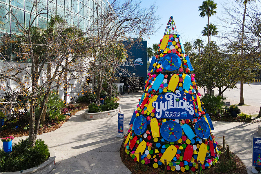 Yuletides upcycled tree in front of The Florida Aquarium