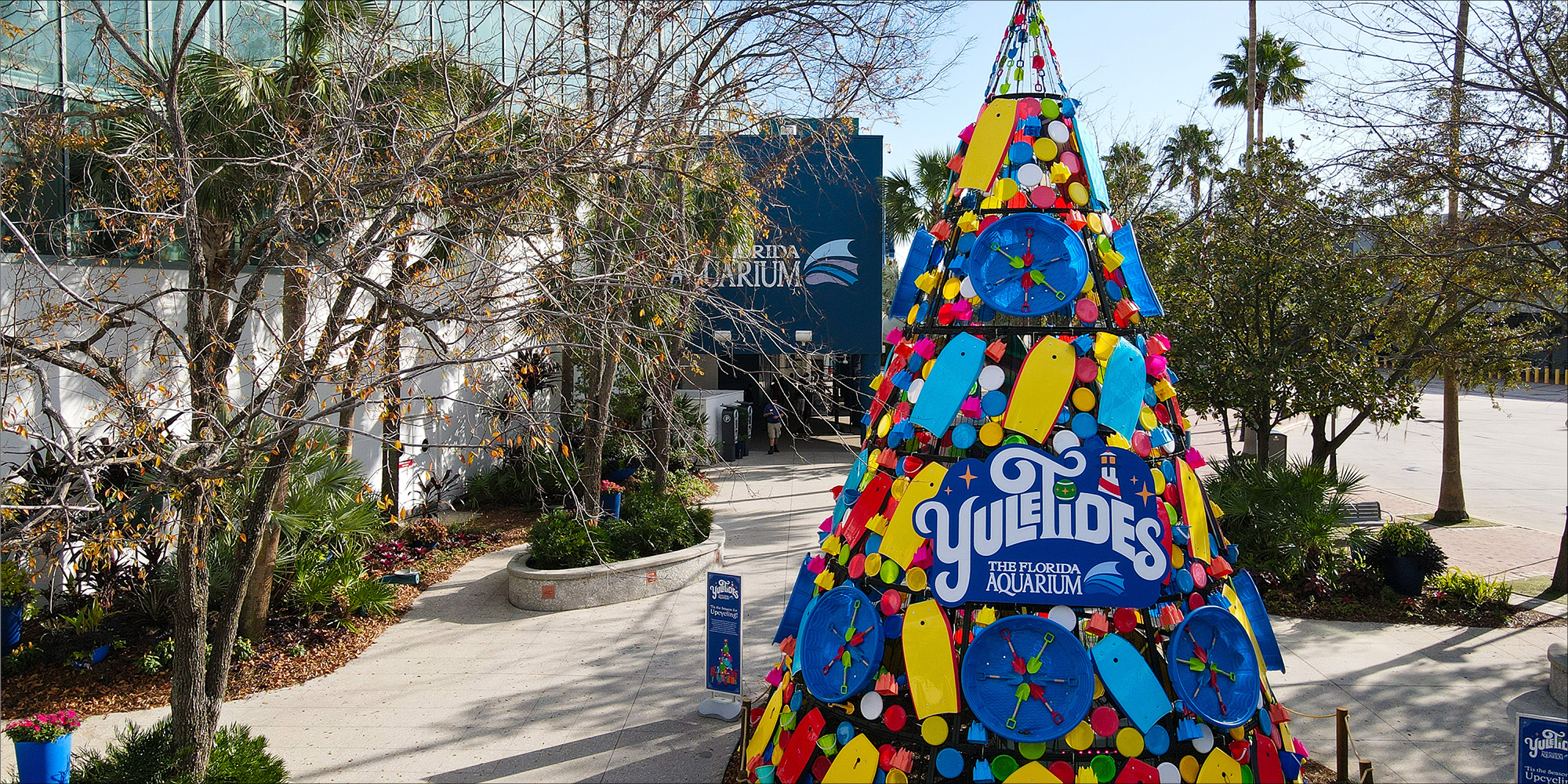 Yuletides upcycled tree in front of The Florida Aquarium