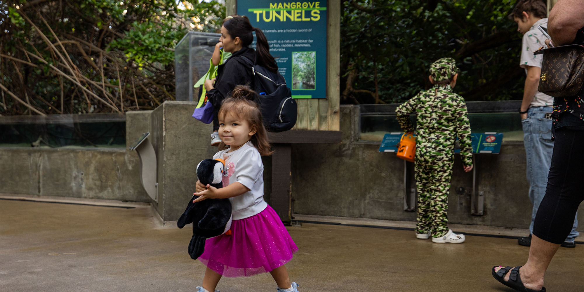 Little girl walking in the wetlands with puffin stuffie
