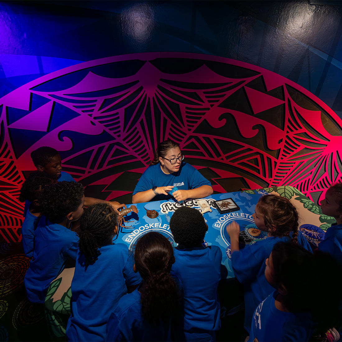 Group of kids at tabling activity in The Florida Aquarium with female staff member