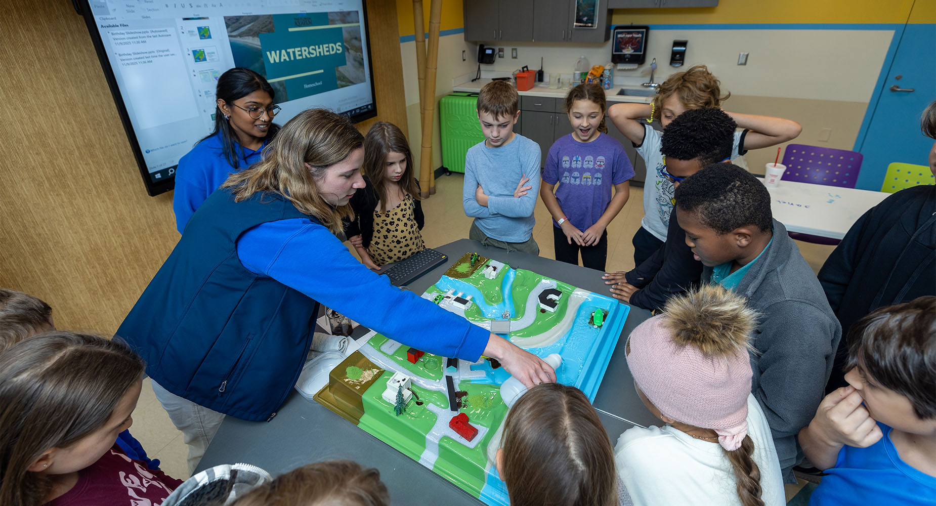 Group of 9-11 yr old learning about watersheds